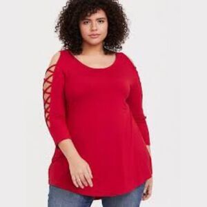 Torrid Super Soft Knit Lattice Sleeve Top Shirt Blouse Red Sz Plus 0